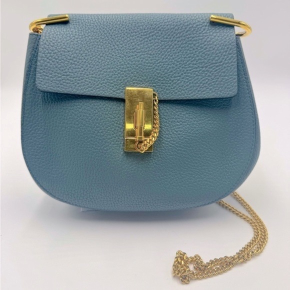Chloe Drew Medium Cloudy Blue Pebbled Leather Shoulder Crossbody Bag Preloved - Picture 1 of 11
